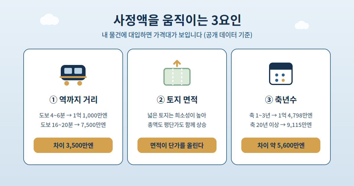 가격을 좌우하는 3요인 — 역 거리 · 토지 면적 · 축년수